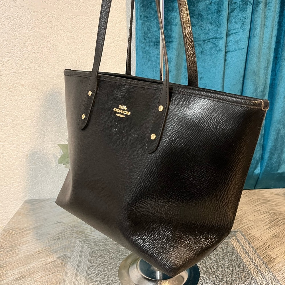 Coach Black Leather Tote with Gold Accents - Picture 4 of 11